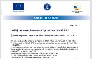 ANUNȚ demararea implementării proiectului pe MĂSURA 2 „Granturi pentru capital de lucru acordate IMM-urilor” DIED S.R.L.